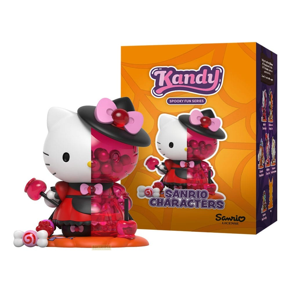 Figura Hello Kitty Spooky Fun Kandy con diseño de Halloween frente a una caja naranja.