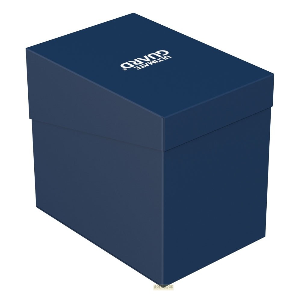 Une boîte de deck de cartes Ultimate Guard bleu foncé sur fond blanc.