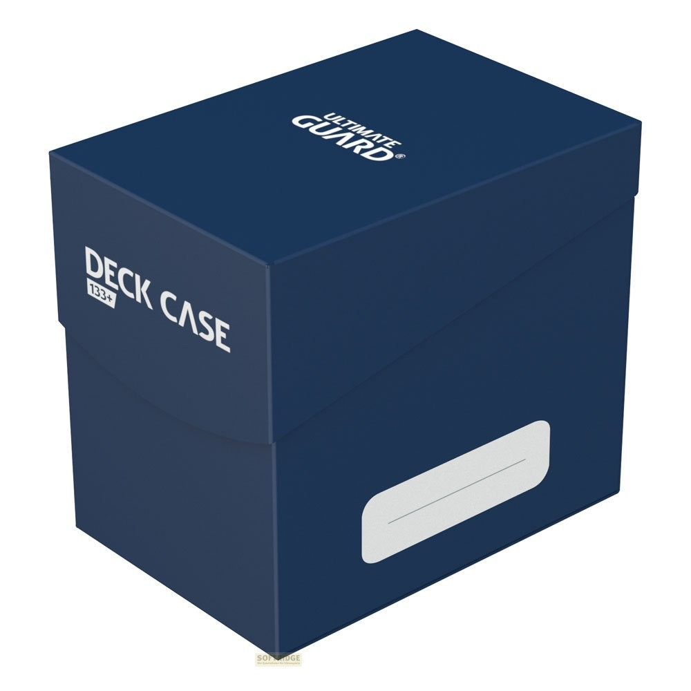 Une boîte de deck Ultimate Guard bleu foncé avec du texte blanc et une étiquette blanche sur le côté.