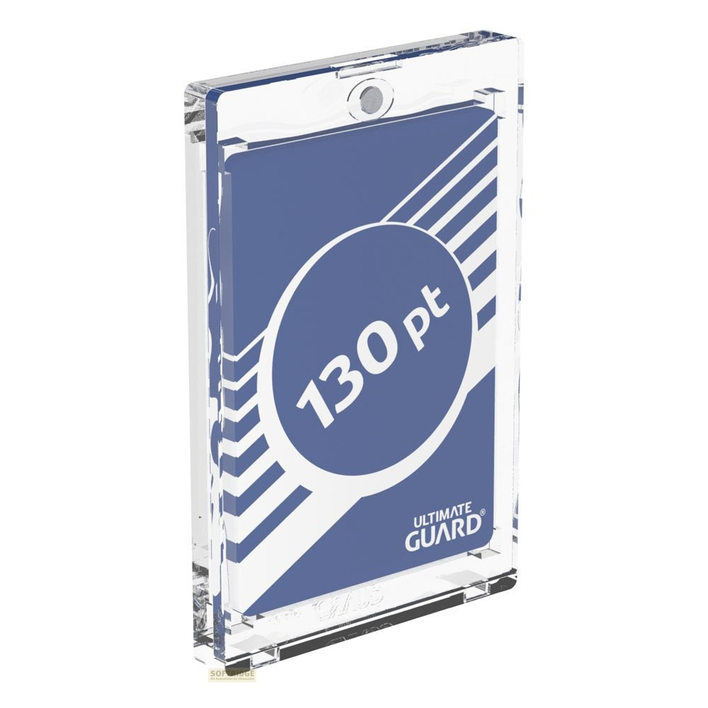 Un porte-carte en acrylique transparent avec un insert bleu portant le texte 130 pt Ultimate Guard.