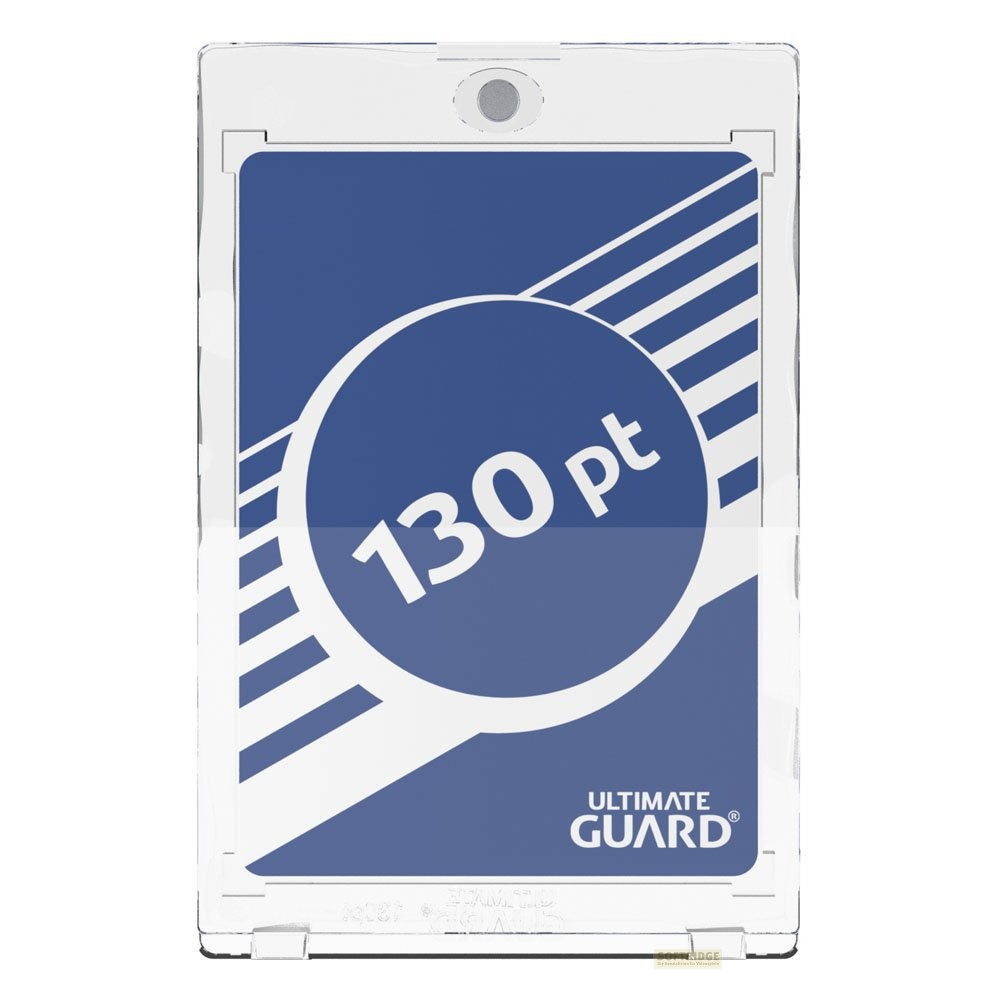 Un porte-carte magnétique transparent avec un insert bleu et blanc avec le texte 130 pt et Ultimate Guard.