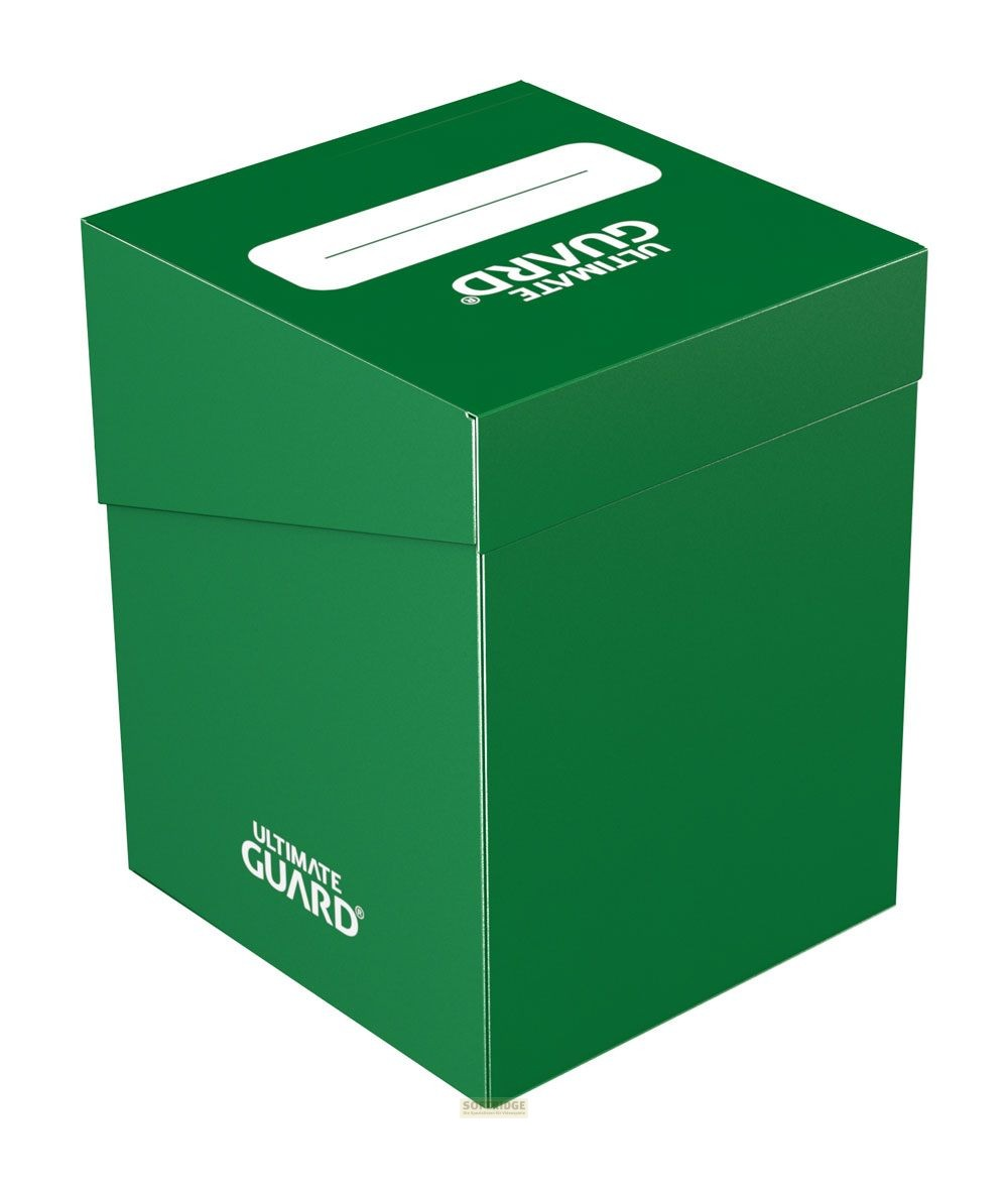 Une boîte de rangement verte Ultimate Guard pour cartes à collectionner sur fond blanc.