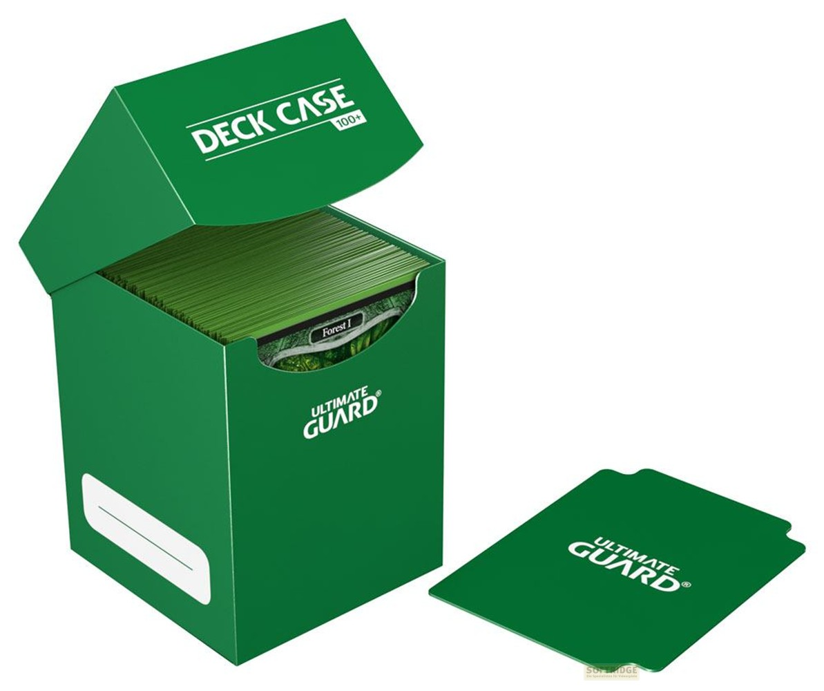 Une boîte de deck Ultimate Guard verte remplie de cartes, avec son séparateur à côté.