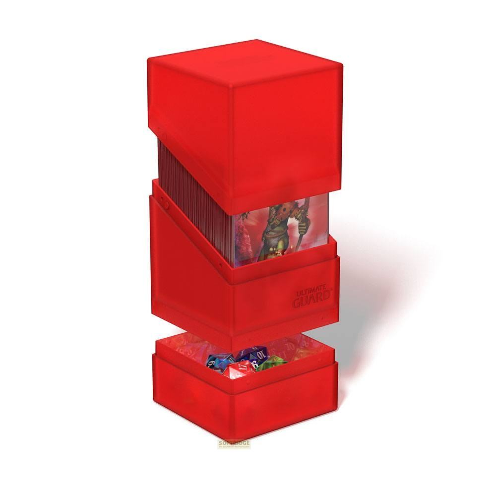 Boîte de deck rouge Ultimate Guard montrant des cartes et des dés à l'intérieur.