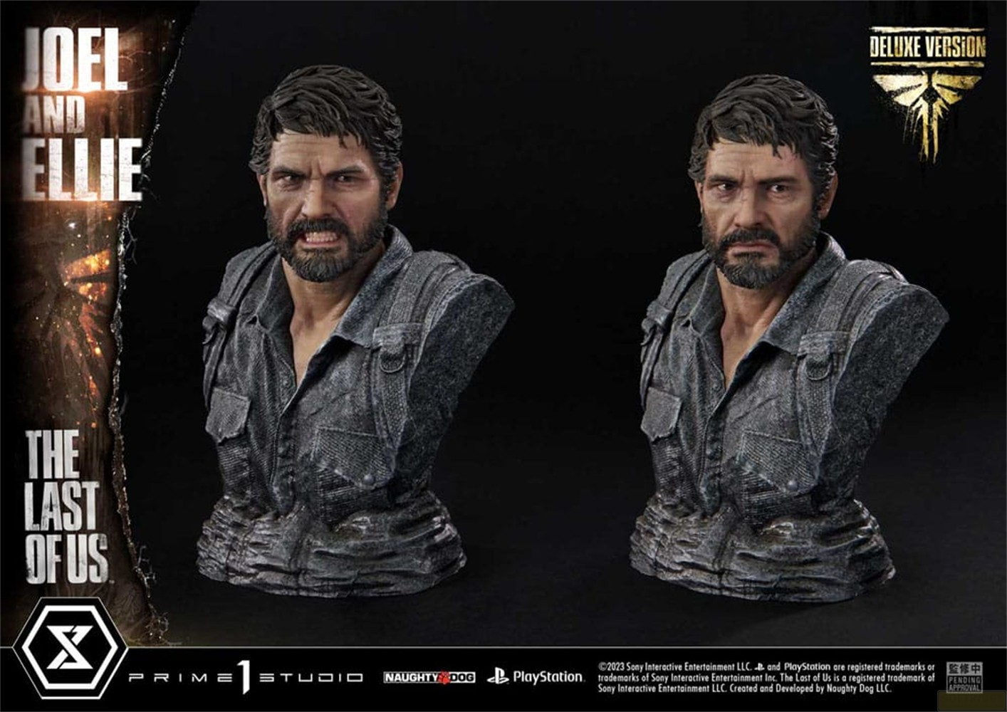 Zwei detailgetreue Joel-Büsten aus The Last of Us, deluxe Edition, mit unterschiedlichen Gesichtsausdrücken vor schwarzem Hintergrund.