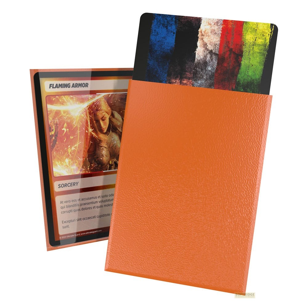 Une boîte de deck orange vif et une carte à collectionner nommée Flaming Armor.