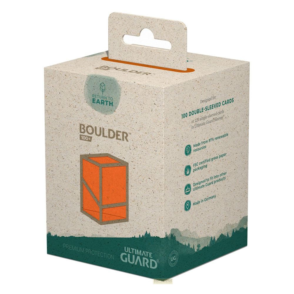 Une boîte en carton rectangulaire couleur nature pour cartes avec motif de montagnes vertes et accents orange.
