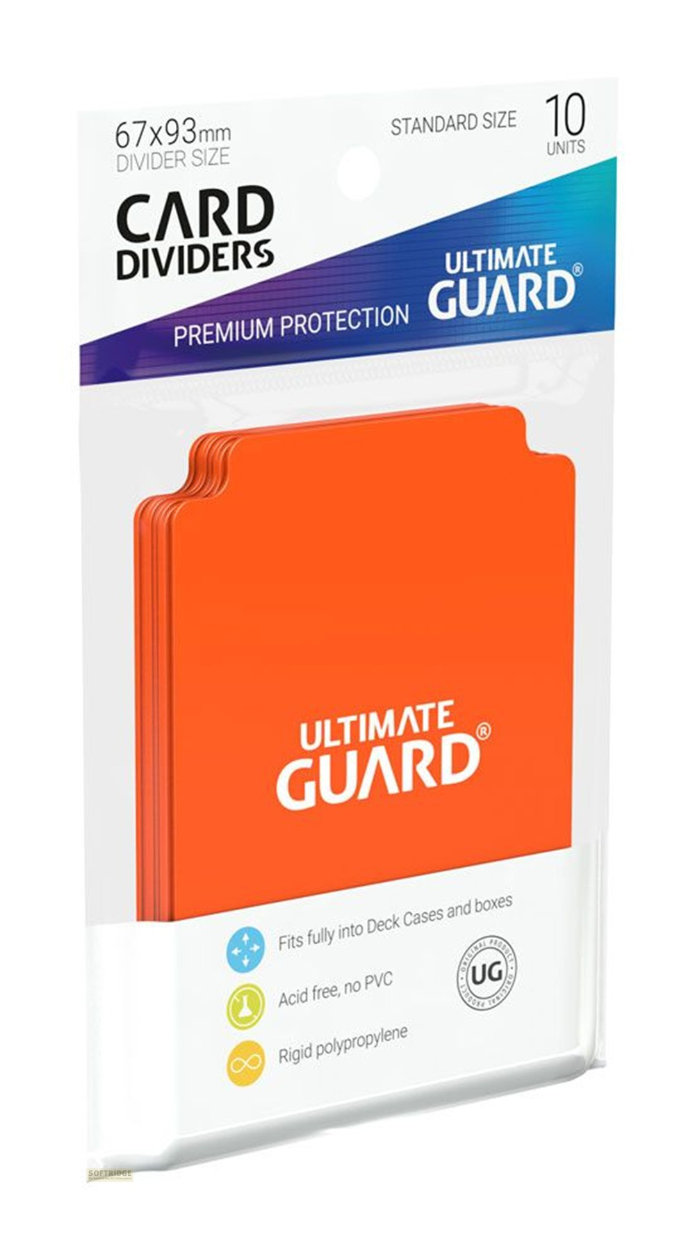 Paquet contenant dix intercalaires de cartes orange Ultimate Guard avec texte et logos blancs.