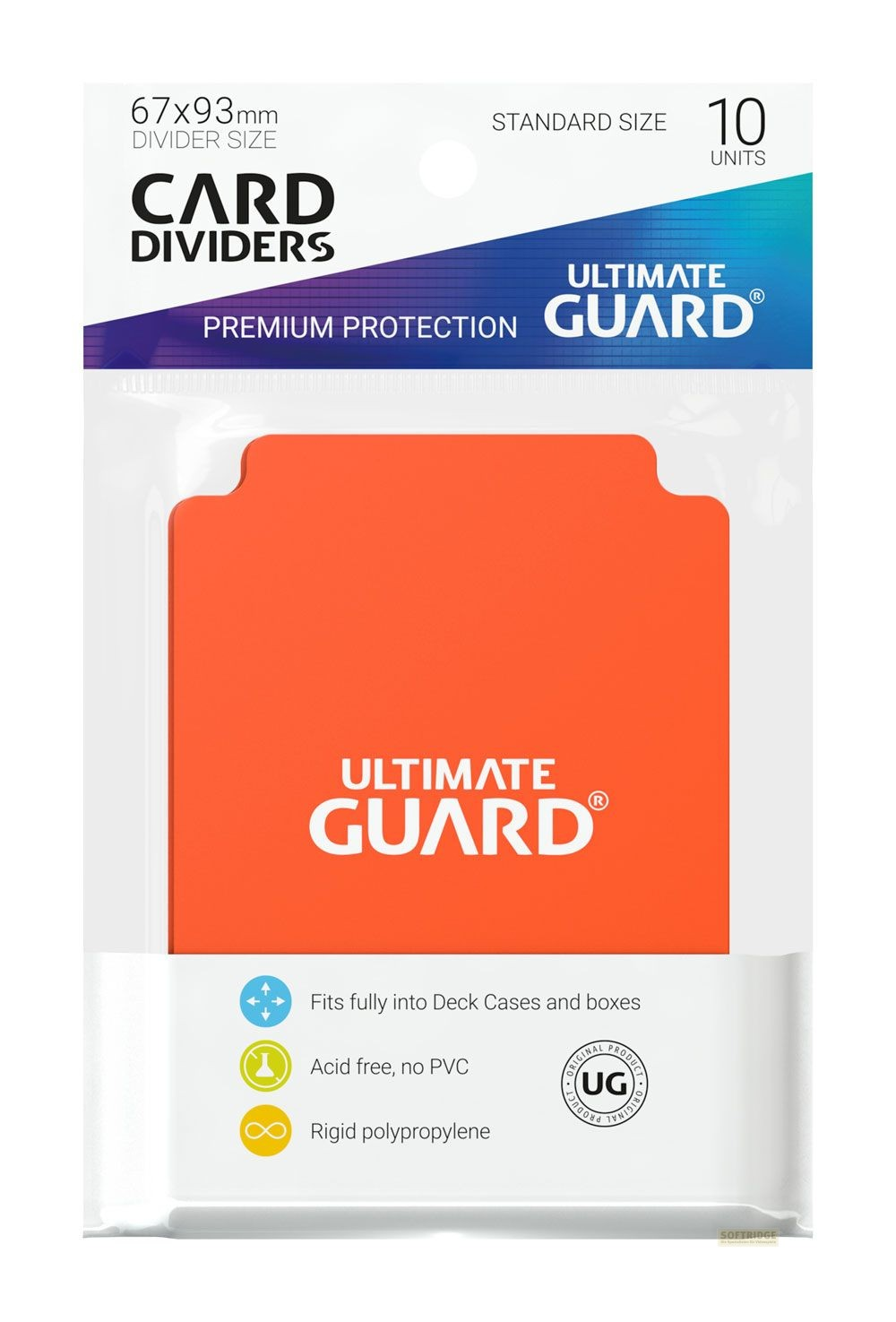Paquet de dix séparateurs de cartes orange Ultimate Guard avec logo.