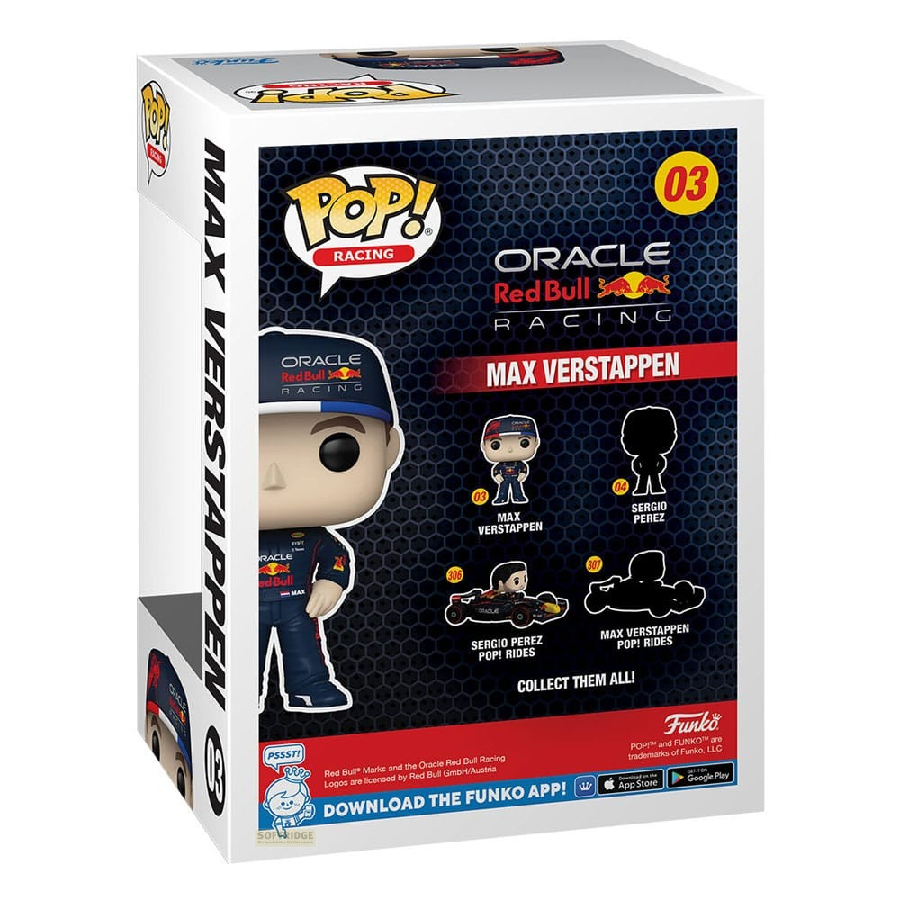Tył pudełka Funko Pop Racing przedstawiającego Maxa Verstappena, figurki i auta.
