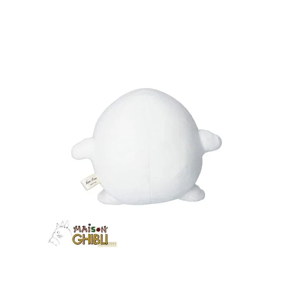 Vista trasera de un peluche blanco, redondo, con brazos y pies pequeños sobre fondo blanco.