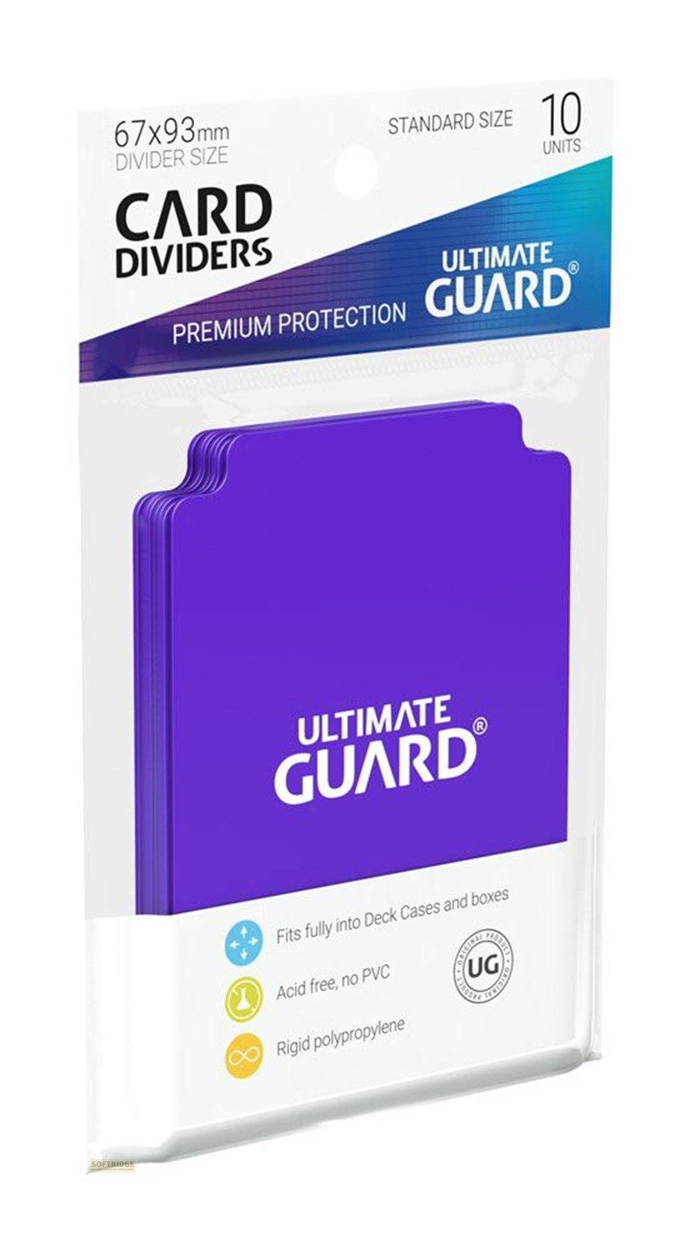 Paquet de 10 séparateurs de cartes violets Ultimate Guard avec logo.