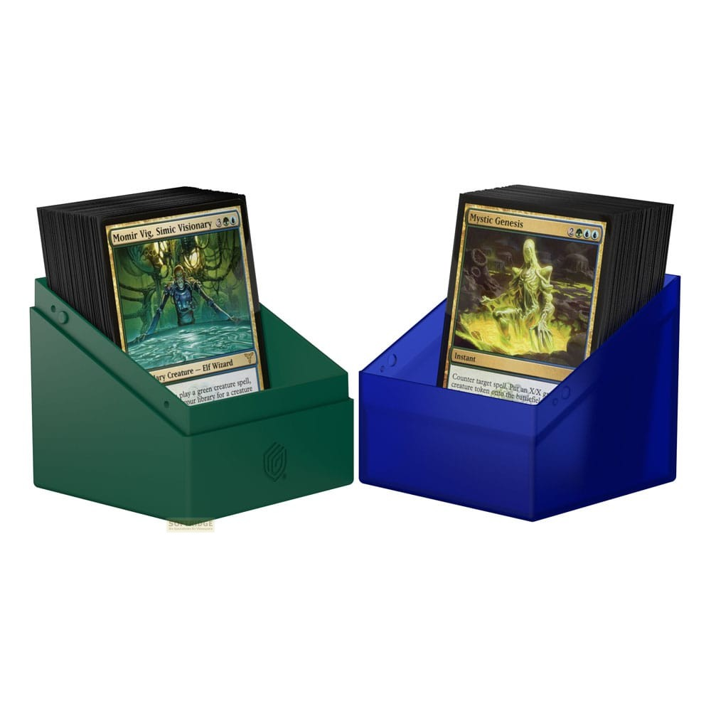 Deux boîtes de cartes, une verte et une bleue, contenant chacune un jeu de cartes avec une carte exposée.