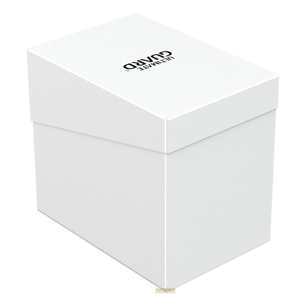 Une boîte blanche Ultimate Guard avec un couvercle incliné sur fond blanc.