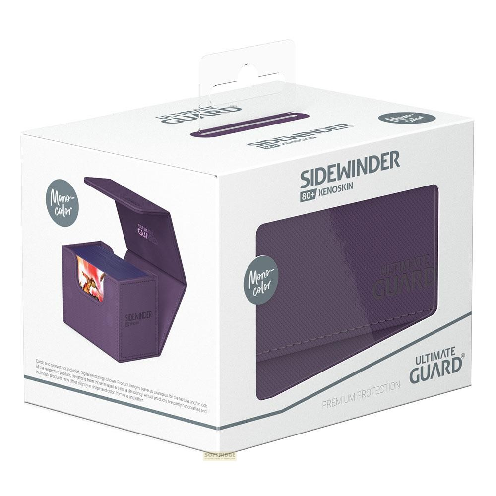 Boîte de cartes violette Ultimate Guard Sidewinder 80+ Xenoskin dans un emballage blanc.