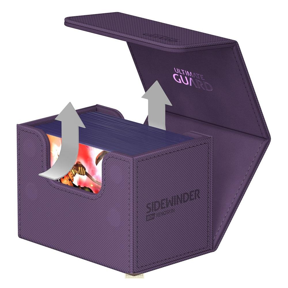 Une boîte de deck Ultimate Guard Sidewinder violette ouverte avec des cartes et deux flèches vers le haut.