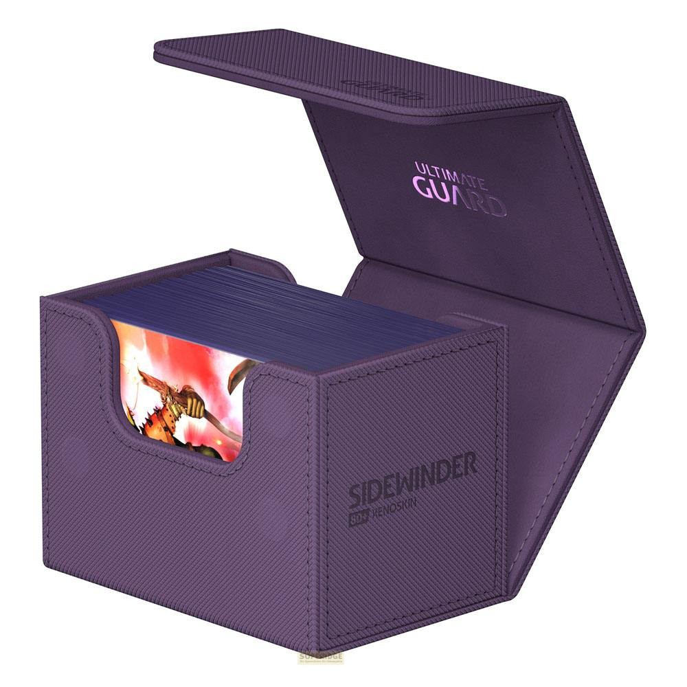 Boîte de deck Ultimate Guard Sidewinder violette avec cartes.