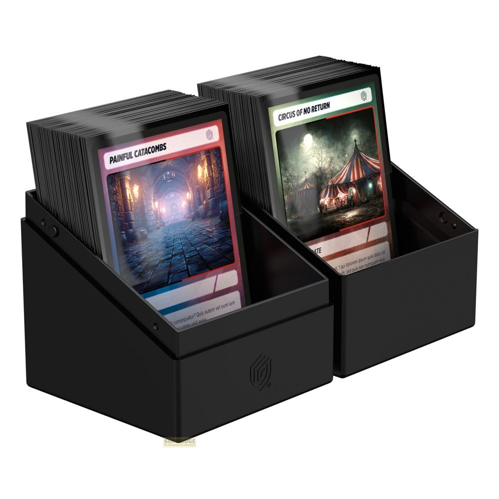 Deux boîtes de cartes noires contenant des cartes à collectionner empilées, l'une étiquetée 'Painful Catacombs', l'autre 'Circus of No Return'.