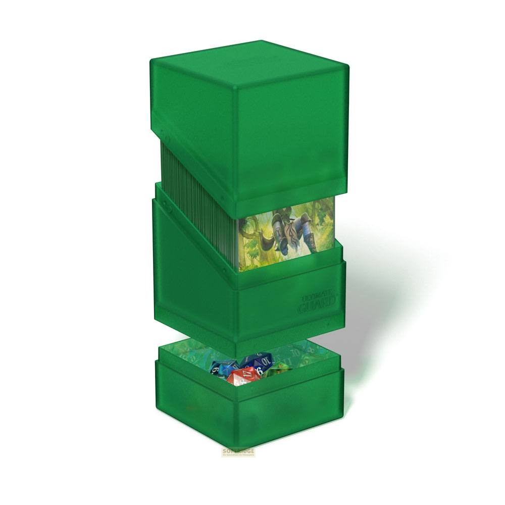 Une boîte de cartes translucide verte avec une section centrale et un tiroir inférieur rempli de dés colorés.