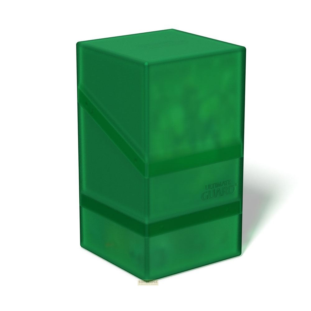 Une boîte de cartes à collectionner en plastique vert mat avec le logo Ultimate Guard sur fond clair.