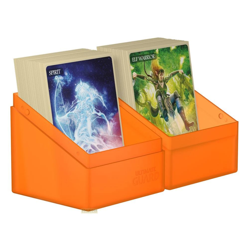 Deux boîtes à cartes orange remplies, l'une montrant un esprit et l'autre un elfe guerrier.