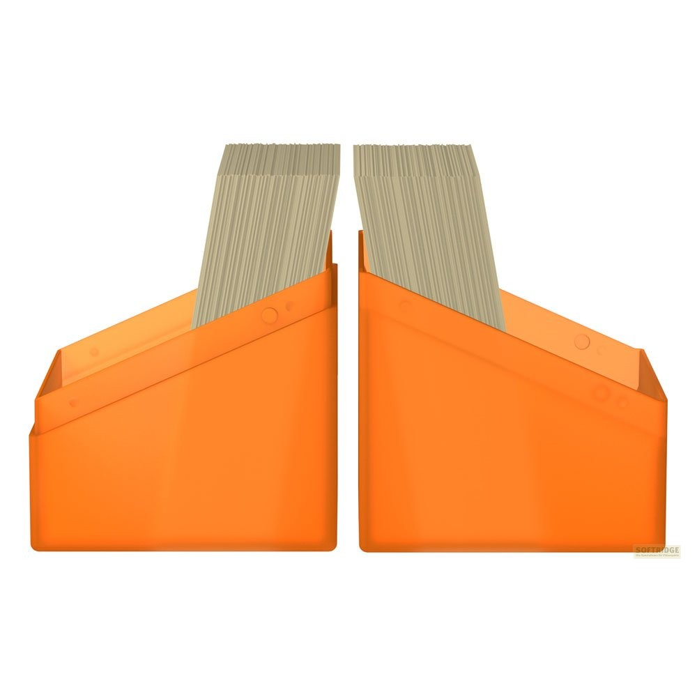 Deux porte-documents orange côte à côte, remplis de piles de papier sur fond blanc.