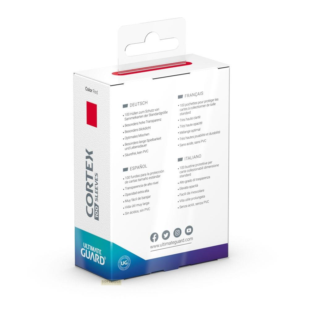 Dos d'une boîte rouge Ultimate Guard Cortex 100 Sleeves avec des informations multilingues et un logo.