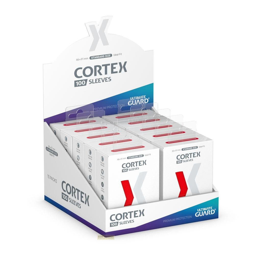 Un présentoir de vente avec des protège-cartes Ultimate Guard Cortex blancs et rouges, dix paquets.