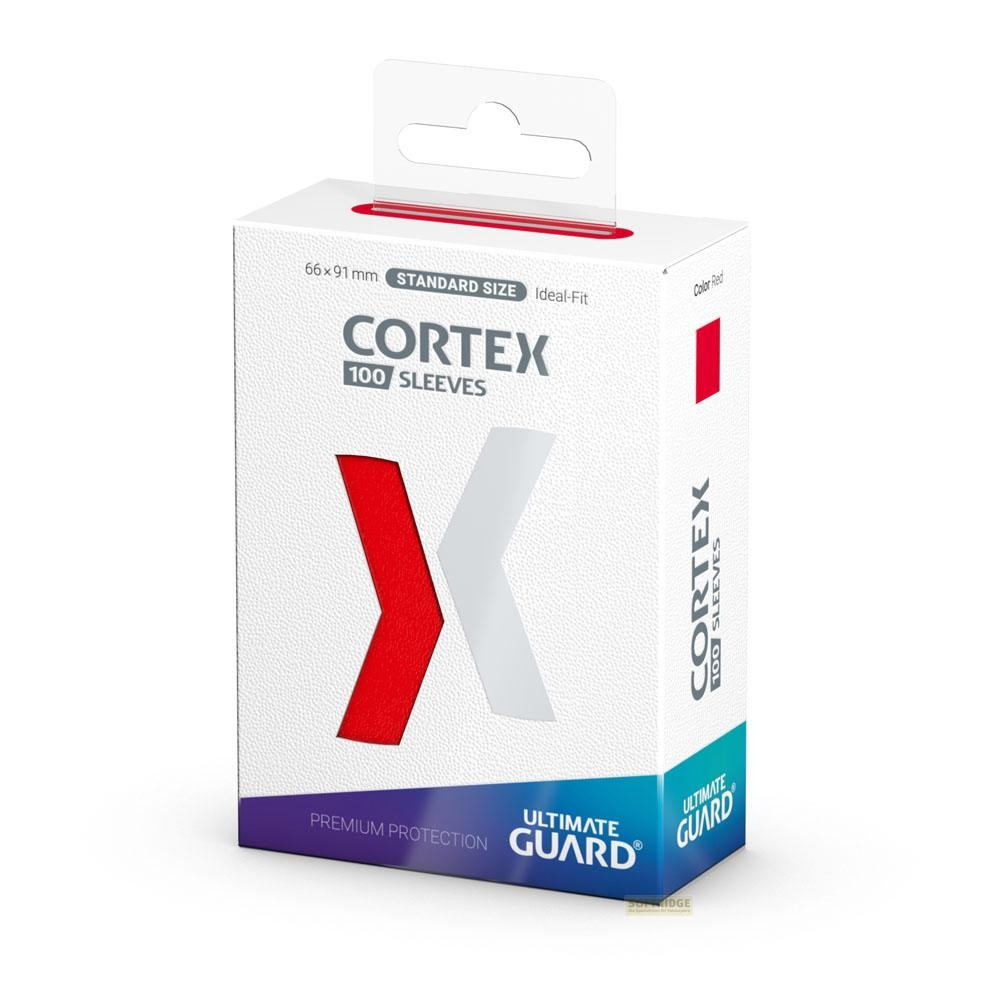 Une boîte blanche de protège-cartes Ultimate Guard Cortex avec logo X rouge et texte 100 Sleeves.