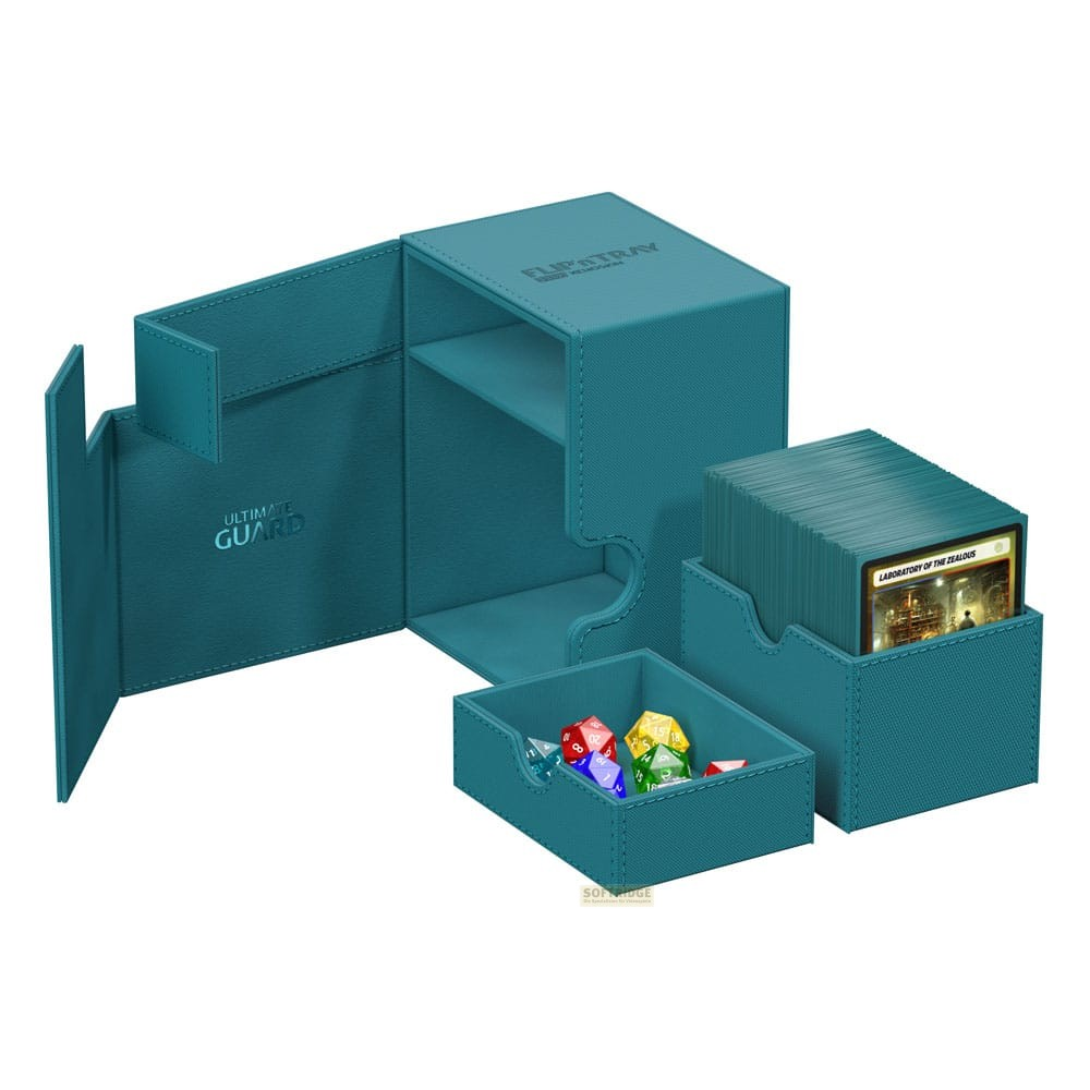 Boîte de jeu de cartes bleu sarcelle avec compartiment ouvert, jeu de cartes et plateau à dés.