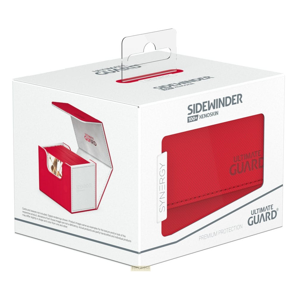 Une boîte de produit blanche affiche une boîte de jeu de cartes rouge Ultimate Guard Sidewinder Xenoskin.