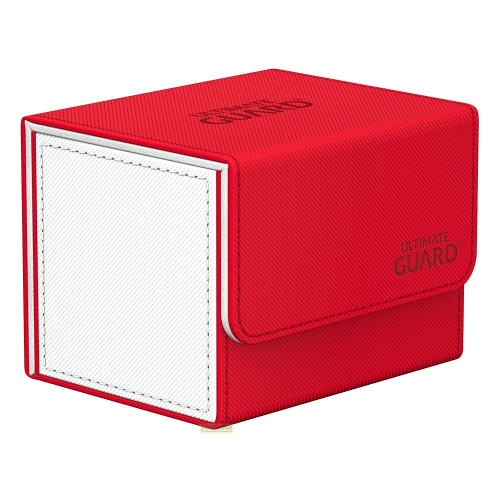 Boîte de deck rouge et blanche Ultimate Guard avec logo en relief sur fond blanc.