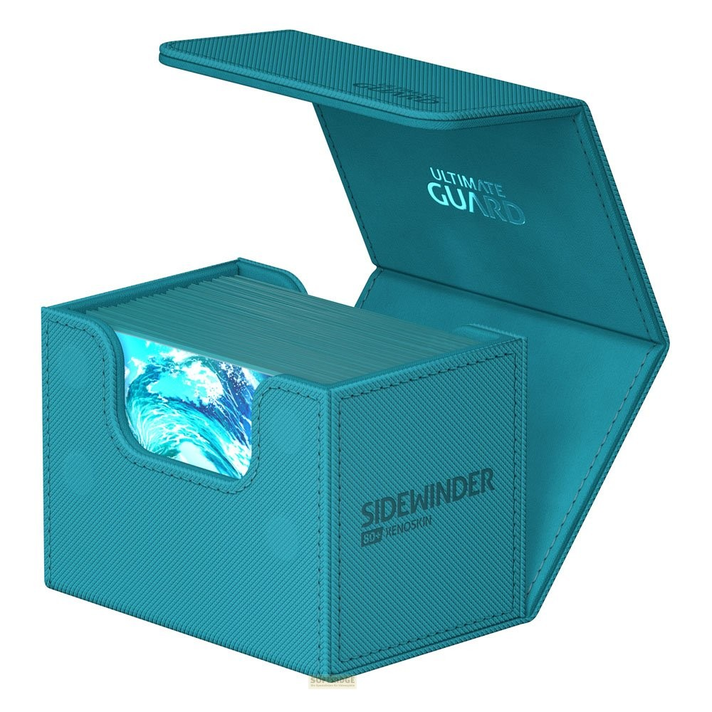 Boîte de deck Ultimate Guard Sidewinder bleu sarcelle ouverte, remplie de cartes avec une vague.