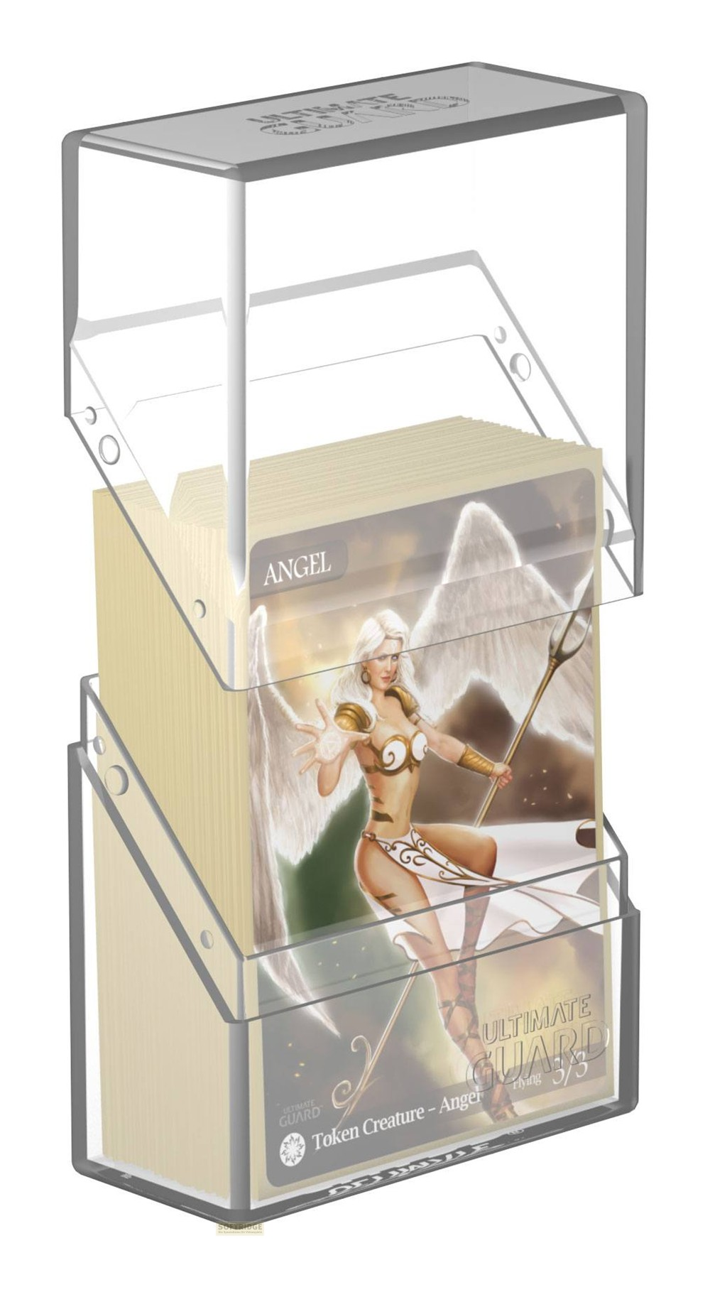 Transparente Acryl-Sammelkartenschachtel mit einem Stapel Karten, wobei die Vorderseite einen Engel zeigt.