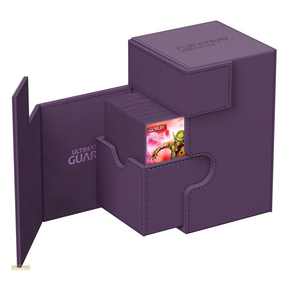 Boîte de jeu de cartes violette avec support ouvert affichant une carte de gobelin.