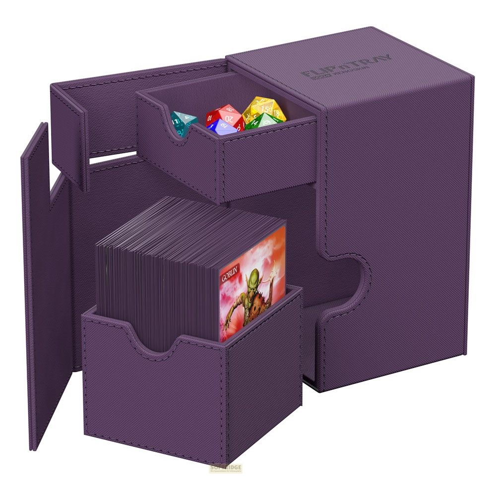 Une boîte violette pour jeux de cartes avec couvercle ouvert, un tiroir de cartes et des dés colorés.