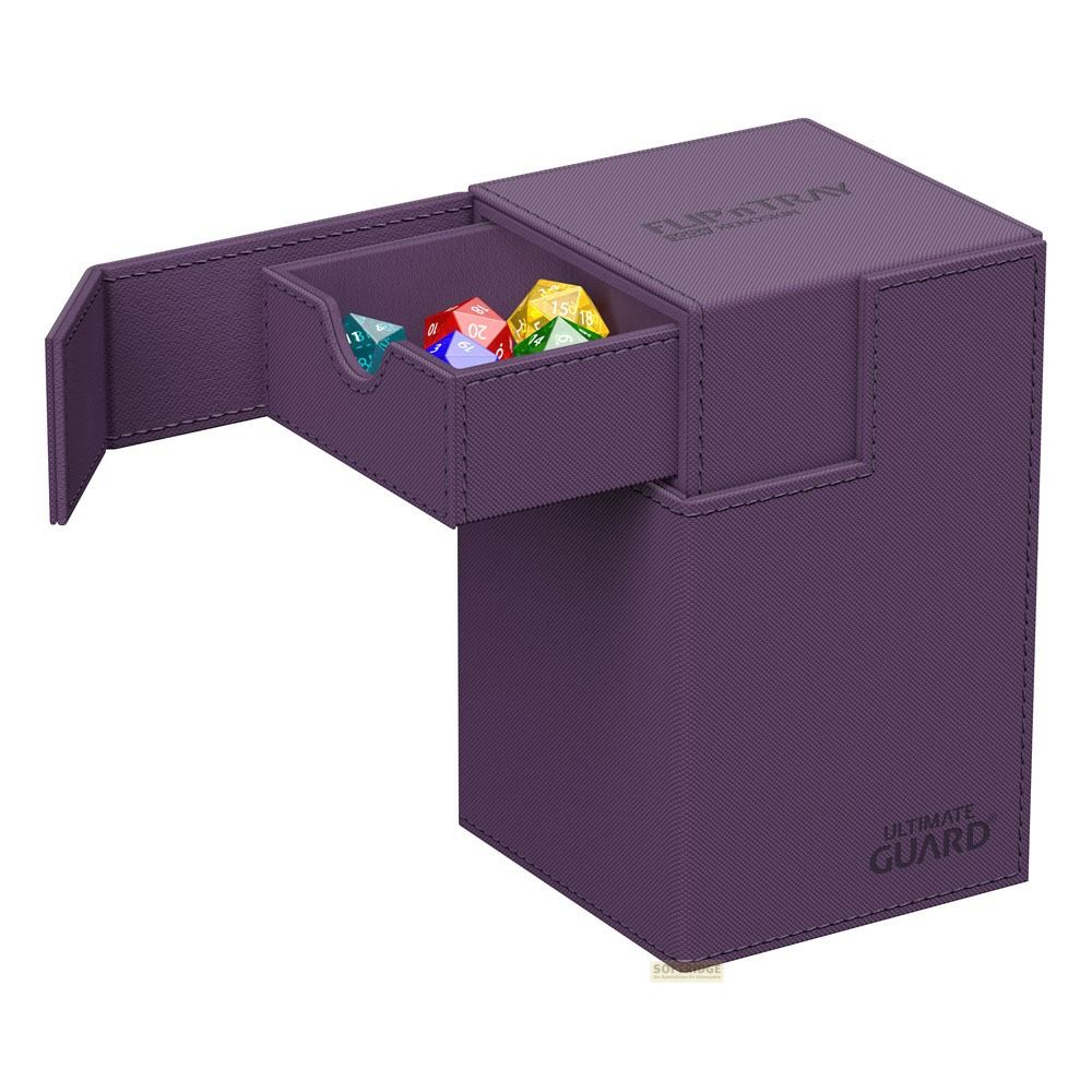 Boîte de rangement violette avec un tiroir ouvert contenant des dés colorés.