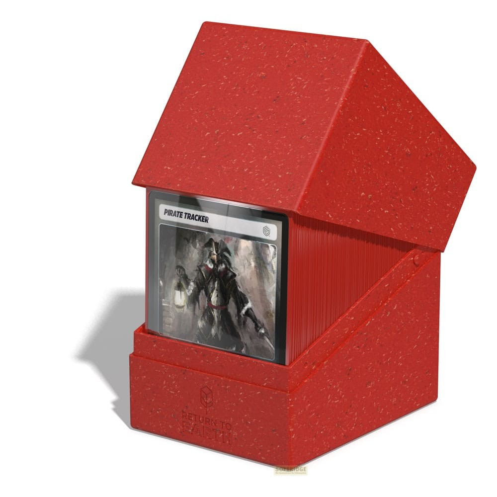 Boîte de deck rouge texturée avec une face avant ouverte affichant une carte de jeu.