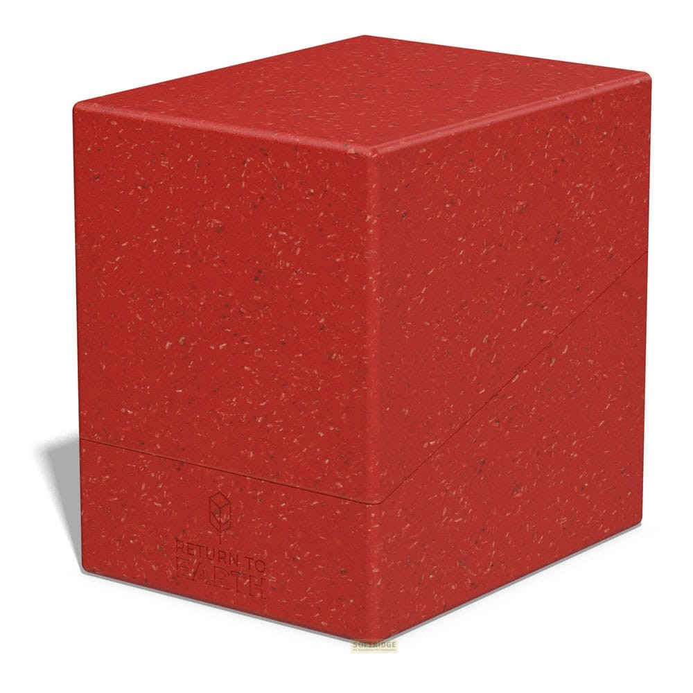 Une boîte rectangulaire rouge avec de petites taches et le texte RETURN TO EARTH sur le devant sur fond blanc.