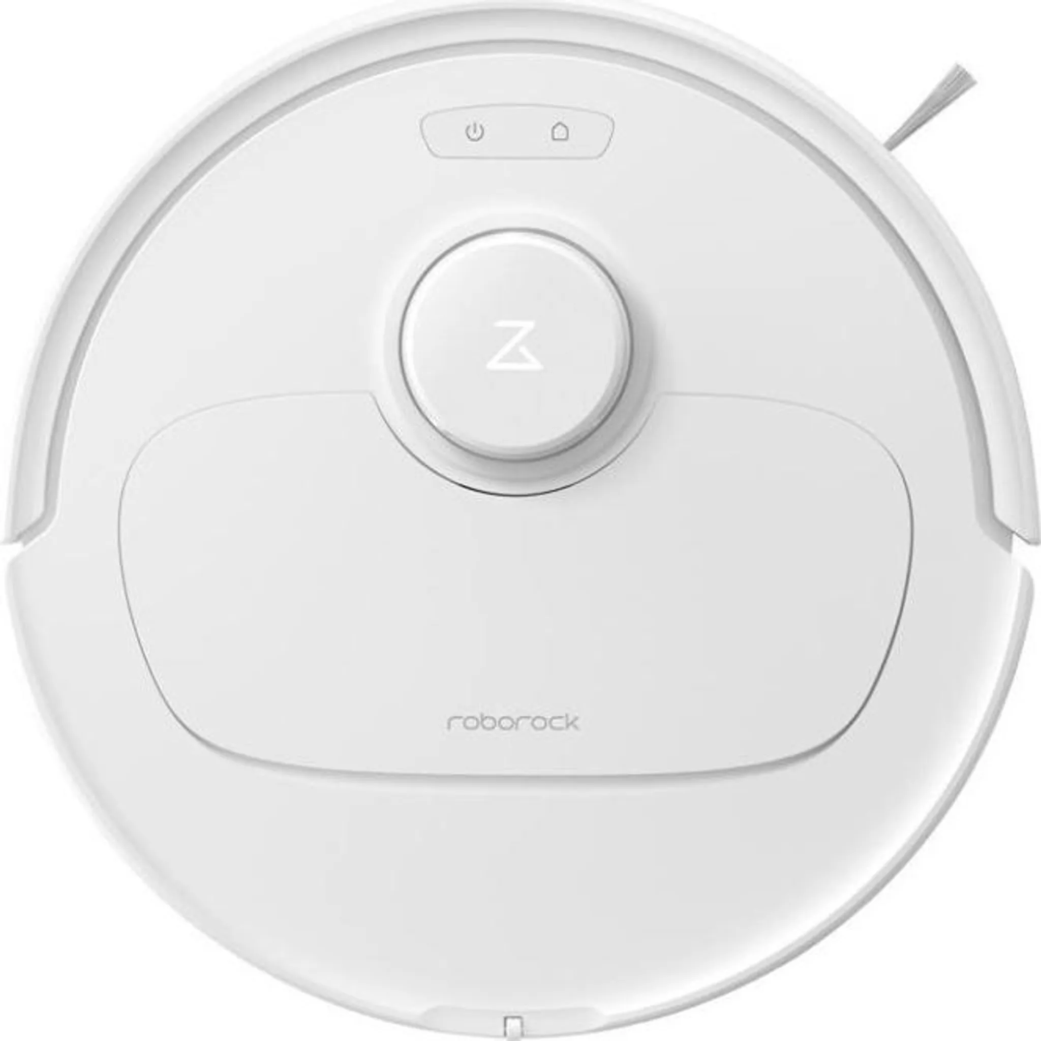 Ein weißer Roborock-Saugroboter von oben mit runder Form, zentraler Laser-Abdeckung und zwei Tasten.