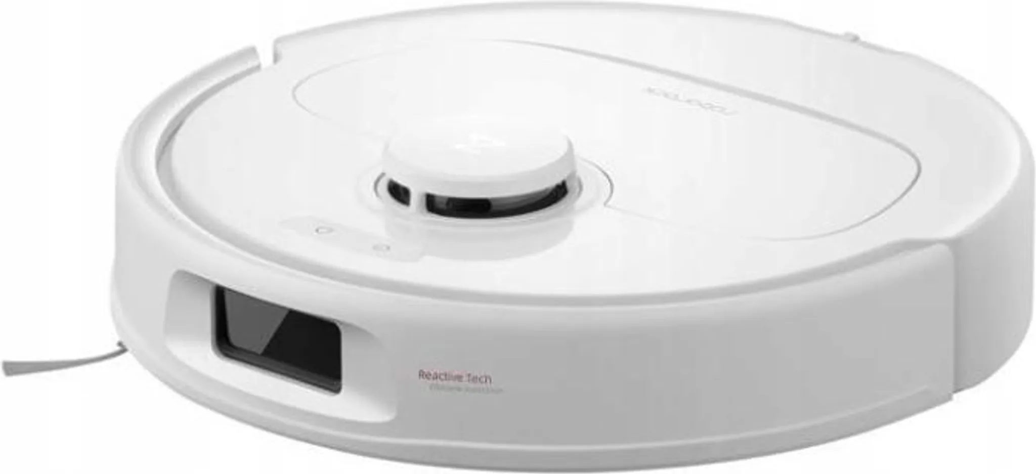 Ein weißer Saugroboter mit oberem Lasersensor und Frontkamera auf weißem Hintergrund.