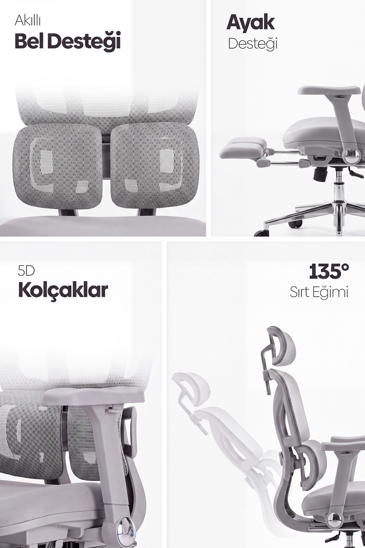 Dört panel, gri bir ofis koltuğunun ergonomik özelliklerini gösterir: bel desteği, ayak desteği, 5D kolçaklar ve 135 derece sırt eğimi.