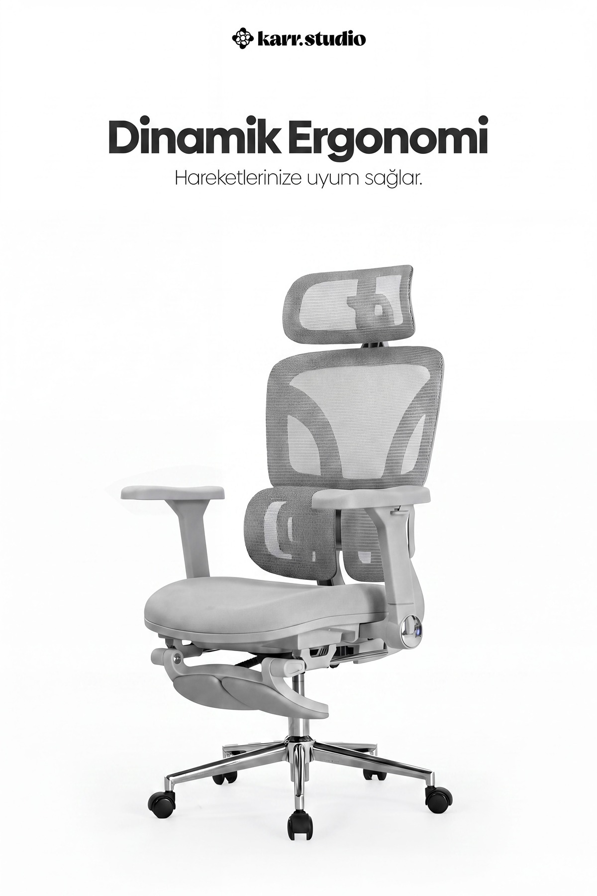 Beyaz arkaplanda baş destekli ve tekerlekli gri renkli ergonomik ofis koltuğu.