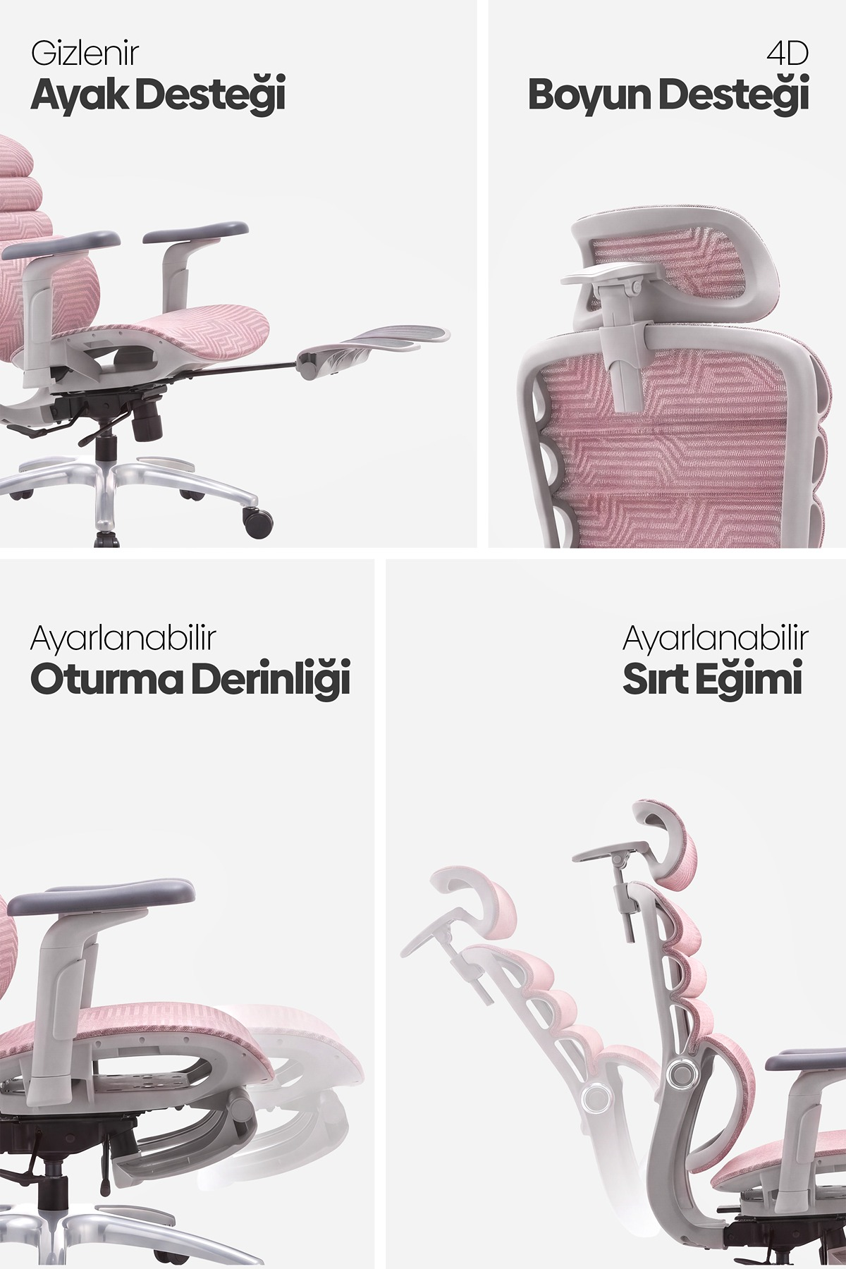 Dört görsel, ayak desteği, başlık ve ayarlanabilir özelliklere sahip pembe-gri ofis sandalyesini gösterir.