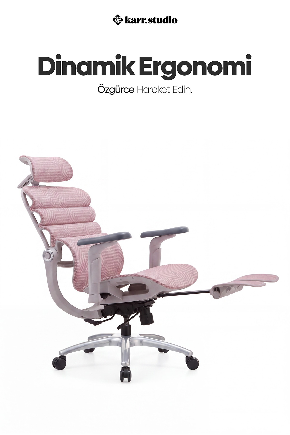 Beyaz arkaplanda baslikli ve ayaklikli pembe ergonomik ofis koltugu.