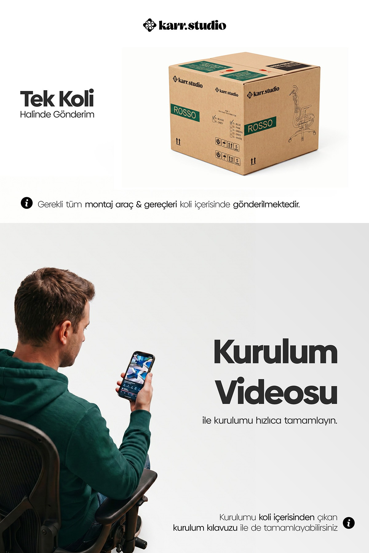 Yeşil kapüşonlu bir adam video gösteren telefon tutuyor, yanında kargo kolisi ve Türkçe metinler.