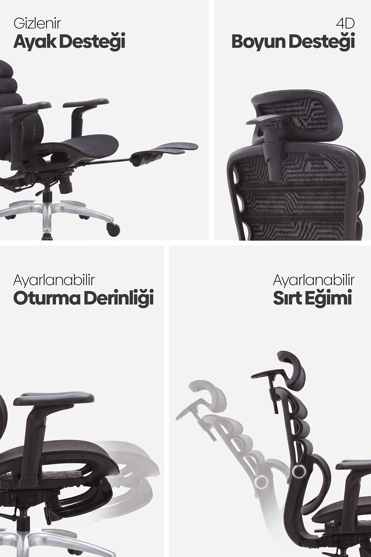 Dört görsel bir ofis sandalyesinin ergonomik özelliklerini gösteriyor: ayak desteği, boyun desteği, oturma derinliği ve sırt eğimi.