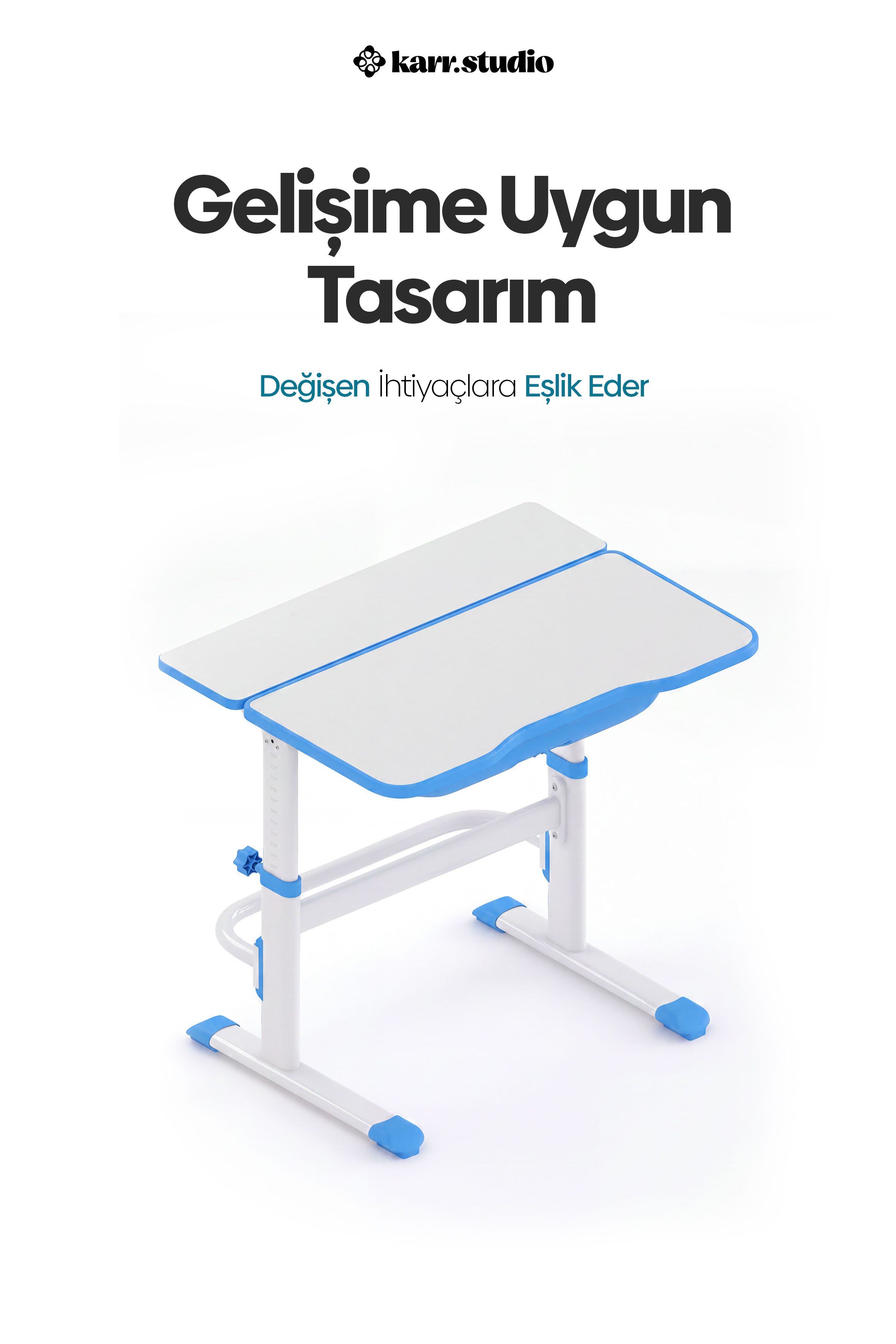 Beyaz arka planda ayarlanabilir beyaz ve mavi çalışma masası, üstte tanıtım yazısıyla.