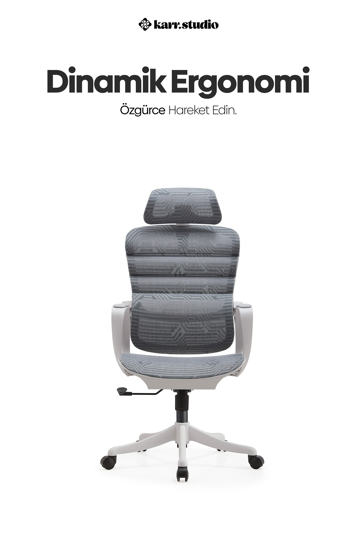 Beyaz arka planda yazilarin oldugu, baslikli gri ergonomik ofis koltugu.