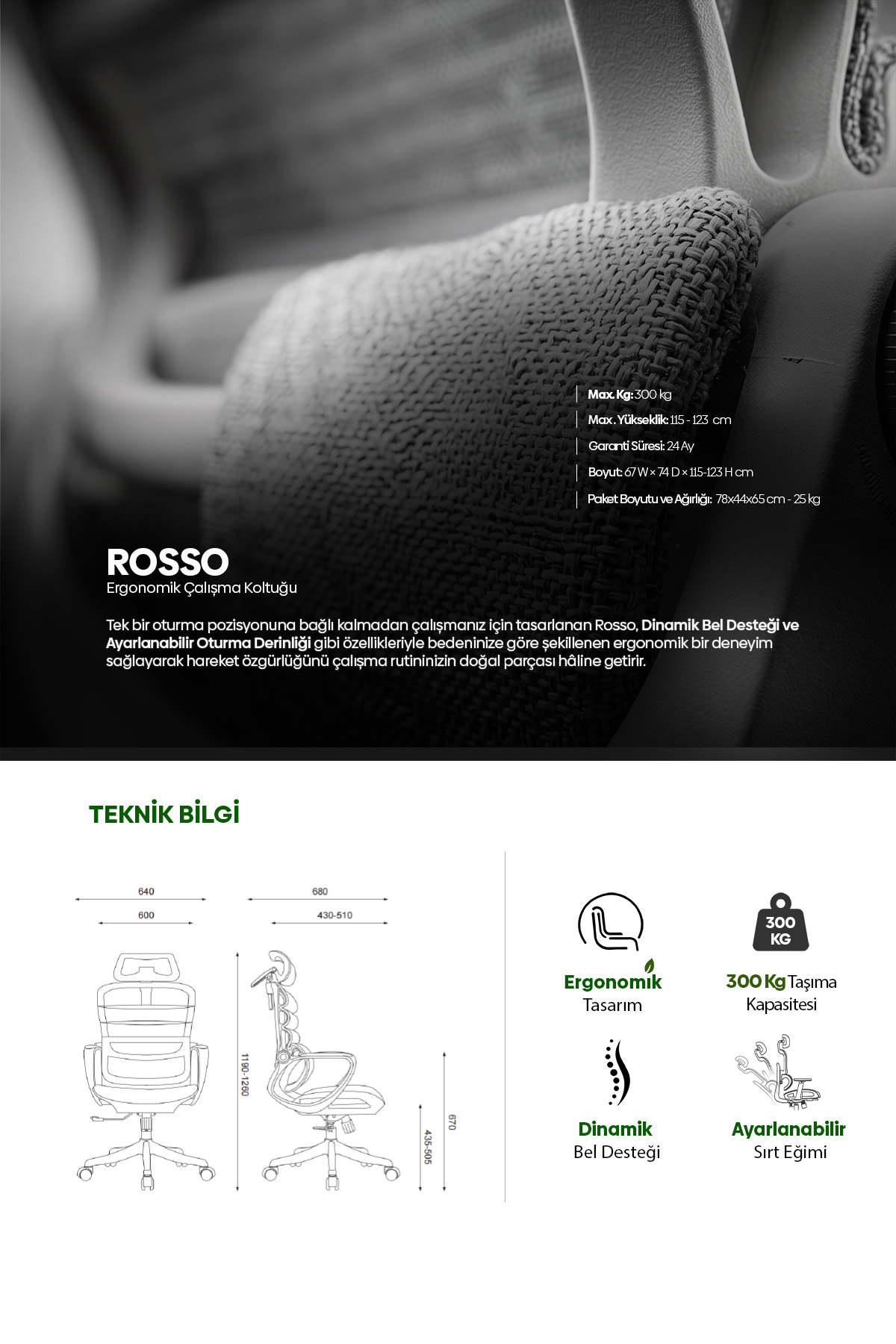 Rosso ergonomik çalışma koltuğu için teknik detaylar içeren ürün reklamı.